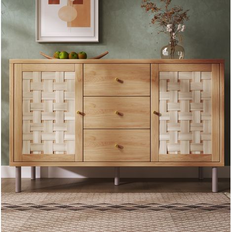 Kommode 120x40x75 cm eichefarben aus Holz mit 2 Türen, 3 Schubladen und verstellbaren Einlegeböden (1/5)