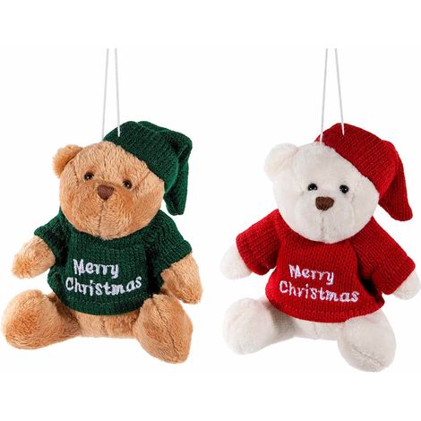 Addobbo orsetto di Natale con maglioncino scritta Merry Christmas e berretto, da appendere, set da 6 pezzi, cm 10 x 7 x 11 H (seduto)