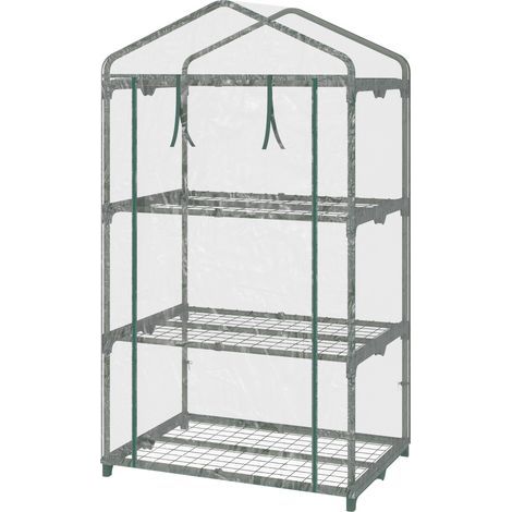 Serre de jardin Outsunny Serre de jardin avec étagères 3 niveaux, serre de balcon, bâche renforcée PVC, châssis en acier, porte zippée enroulable, pour légumes plantes fleurs, 69 x 49 x 125 cm, transp (1/5)