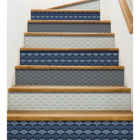 Lot de 3 Contremarches Autocollantes Oscata 19,5x100cm, Forme Géométrique Éventails Bleus et Blancs, Style Asiatique - (1/2)