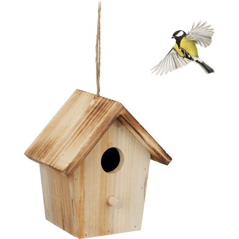 Relaxdays Cabane à oiseaux décorative, en bois, suspendre, HLP : env. 16 x 15 x 11 cm, jardin et balcon, nature (1/5)