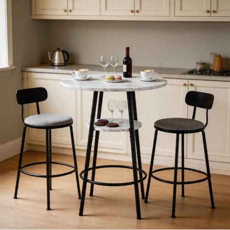 Table de bar 60x89 cm avec rangement, plateau effet marbre blanc, structure métal noir, pour cuisine (1/5)