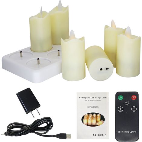Bougies LED sans flamme Rechargeables Lot de 6 Télécommande 4 touches Lumière jaune chaude vacillante Décoration intérieure (1/4)