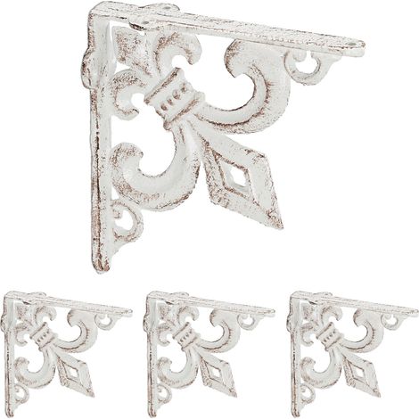 4 x Regalwinkel antik, Regalträger Gusseisen, Lilien Ornament, Vintage Wandwinkel für Regalboden, Regalkonsole, weiß