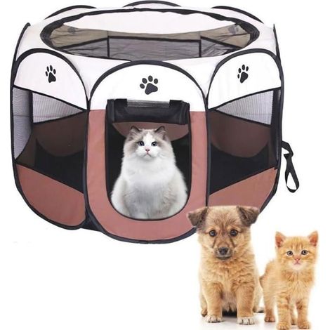 Tente pour animaux de compagnie, enclos à huit côtés, cage pliable pour chat, lit pour chat toutes saisons (72cm X 45cm,Marron) (1/4)
