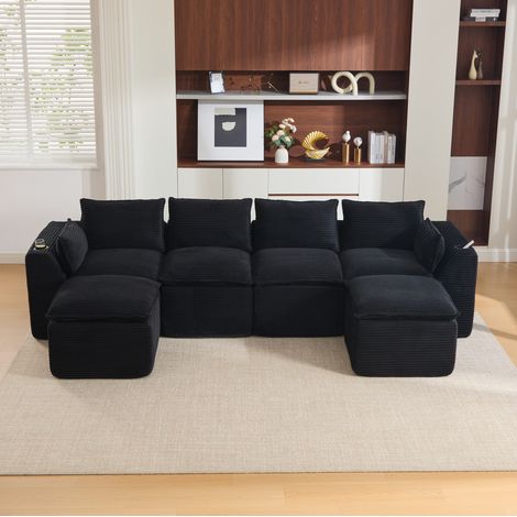 Canapé modulable 4 places 322x161x75 cm noir en velours côtelé avec poufs et rangements (1/5)