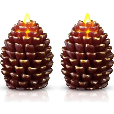 Bougies de Pinecone de Noël sans flamme, Bougies à batterie avec Wick clignotant, Fausse bougie à l'intérieur, Bougie de Noël Pin Cones Décor de vacances, Ensemble de 2