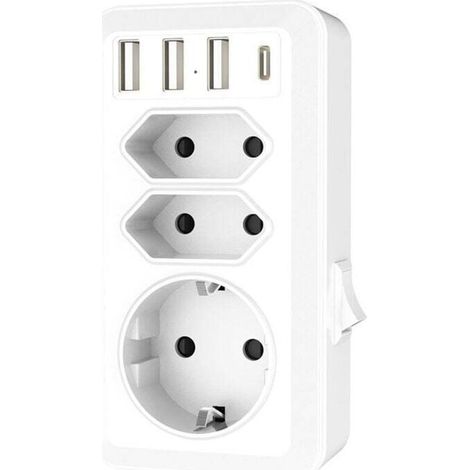 Prise USB Ulisem, multiprise 7 en 1 avec 3 ports USB et 1 port Type-C, adaptateur multiprise 3 voies avec chargeur USB (2 prises Euro et 1 prise Schuko) pour téléphone, ordinateur.