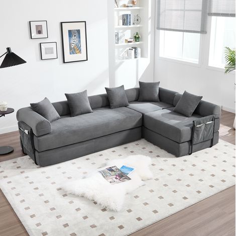 Divano modulare in velluto a coste grigio scuro 270 x 180 cm, trasformabile con tasca laterale (1/5)