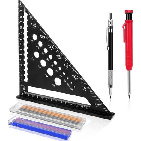 Équerre de charpentier, rapporteur de 180 mm, marqueur de trous profonds + mines de crayon, équerre d'angle de 45 à 90 degrés, équerre de charpentier en métal, équerre 5 en 1 en aluminium, équerre de