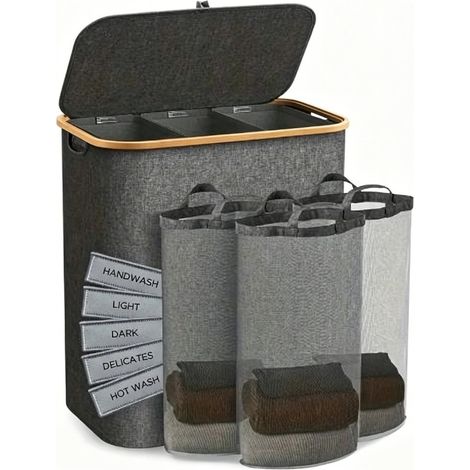 Panier à linge 160L pliable gris avec couvercle cadre en bambou sac amovible intérieur tissu imperméable respirant rangement vêtements (1/5)