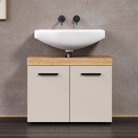 Meuble sous-vasque 2 portes 72x34x56 cm décor beige et chêne - REA (1/5)
