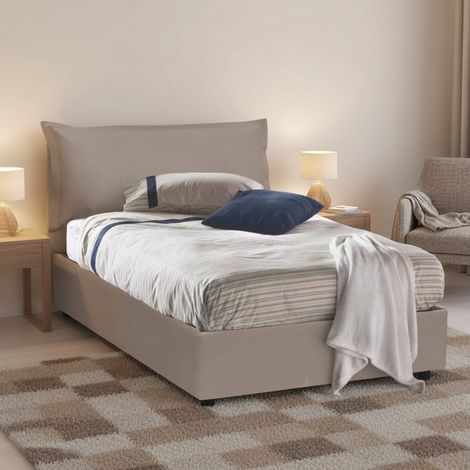 Dmora - Cama de plaza y media Dbayey, Cama contenedor con tapizado en ecopiel, 100% Made in Italy, Apertura frontal, con colchón Cm 120x190 incluido, Tórtola (1/5)