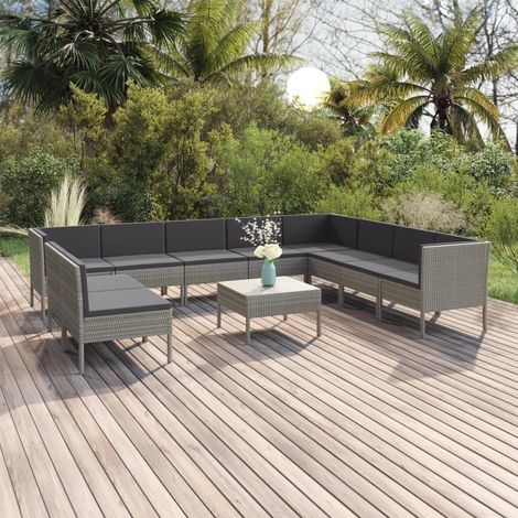 Salon de jardin 11 pcs Ensemble Table et Chaise de Jardin - avec coussins Résine tressée Gris BV489751 - BonneVie (1/5)