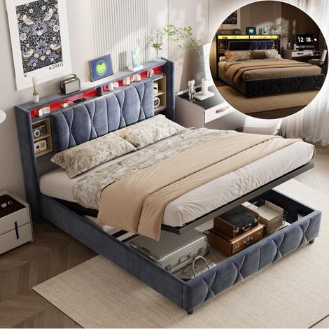 Cama Doble 140x200 cm con Cofre Hidráulico, LED RGB 7C, Enchufes EU/USB/C y Cajón Cabecero, Terciopelo Gris