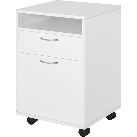 Caisson bureau sur roulettes avec tiroir et niche, blanc, panneaux de particules