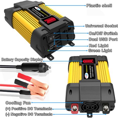 Onduleur chargeur 2 ports USB écran LED capacité batterie temps réel rappel clignotant ABS 12V CC 220V CA 6000W pour voiture (1/4)