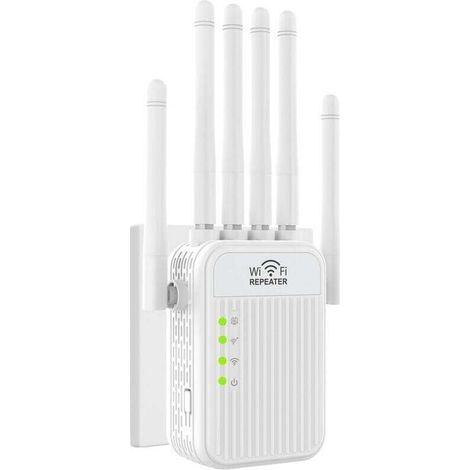 Répéteur WiFi, Puissant amplificateur de Signal WiFi, 6 antennes, 2 Port LAN, WiFi/Extender 2,4 GHz, Couverture jusqu'à 1200 m², idéal pour Le Bureau et la Maison, Installation Facile (1/4)