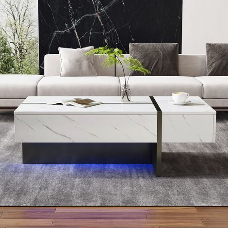WF323711WAA) Table basse moderne blanche avec éclairage LED, motif marbre, plateau brillant - 105x60x35 cm - Design asymétrique pour salon, meuble TV ou buffet (1/5)