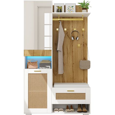 Ensemble armoire, ensemble armoire avec miroir, 5 patères dorées, armoire à chaussures, porte-manteau mural, compartiment de rangement supérieur, banc et éclairage LED 16 couleurs (1/5)