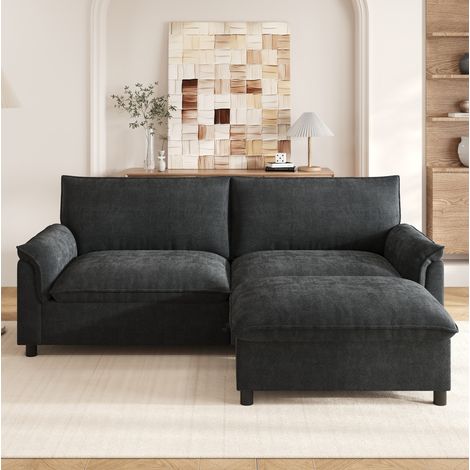 Canapé d’angle modulable 216x77x82 cm noir en chenille avec pouf mobile et rangement (1/5)