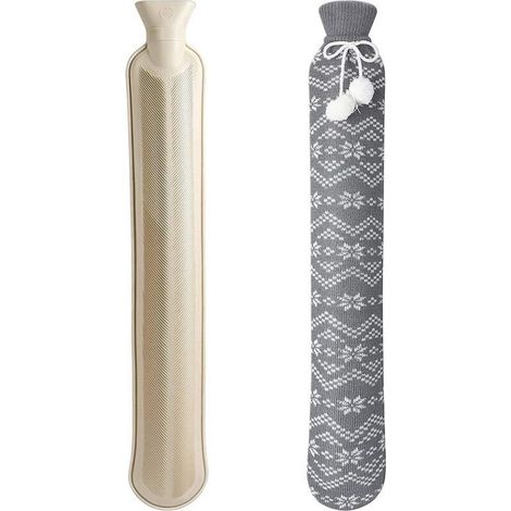 Bolsa de agua caliente larga con funda, bolsa de agua caliente de piel sintética para exteriores de 2 litros, bolsa de agua caliente grande de forro polar (gris) (1/5)