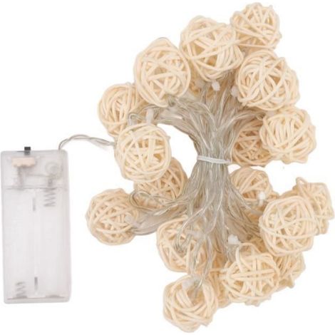 Guirlande Lumineuse - Boule De Rotin - 20 Led - 3 M - Alimentation Piles AA - Pour Decoration Interieure Et Exterieure (1/4)