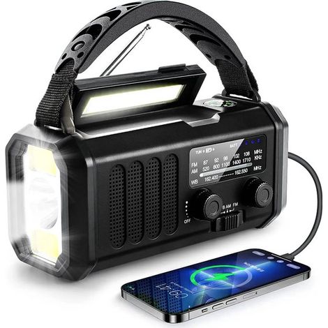 Radio de emergencia，10000 mAh，Radio de emergencia solar con cuerda，Funcionamiento manual y con energía solar，Batería recargable，Color negro (1/5)