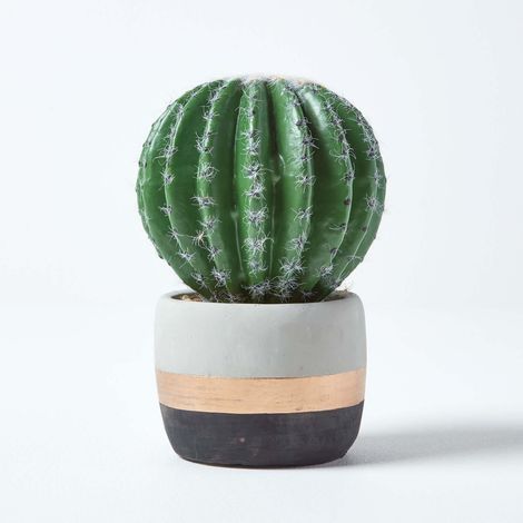 HOMESCAPES Golden Barrel Artificial Cactus in Contemporary Stone Pot, 19 cm Tall