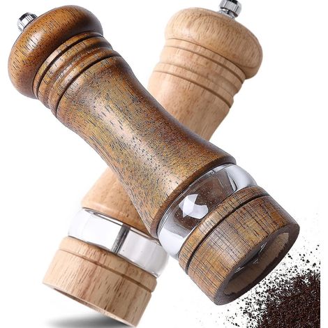 Set aus 2 Salz- und Pfeffermühlen aus Holz, manuelle Pfeffermühle, rostfrei und mit einstellbarem Mahlgrad (1/5)