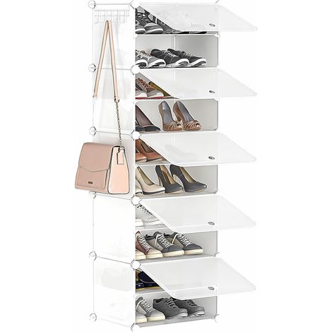 Étagère à Chaussures, 5 Compartiments, Meuble Chaussure avec Portes, pour 20 Paires, Étagère Modulable en Plastique, 2 Crochets de Rangée, pour Entrée, Chambr, Couloir, Blanc EWT11SC01G1 (1/5)