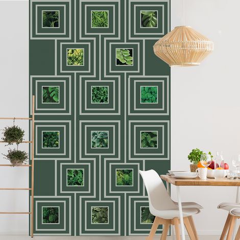 Papier peint intissé 250 cm X 150 cm, lot de 4 photos nature, feuillage, design graphique sur fond vert - Décoration murale pour intérieur (1/2)