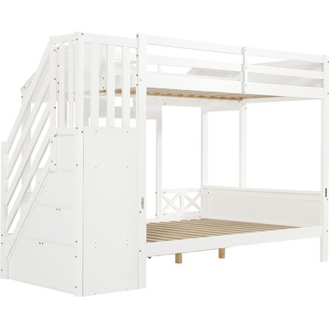 Lit superposé pour enfant, deux tiroirs à roulettes, belles fenêtres et toit, meuble d’escalier avec 4 compartiments de rangement, pin + MDF + contreplaqué, blanc, 90x200cm & 140x200cm (1/5)