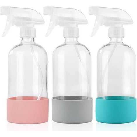 Flacon pulvérisateur en verre transparent 500 ml avec buse réglable et manchon silicone, pulvérisateur multi-usages pour liquides, pièces détachées pour usage domestique ou professionnel (1/4)