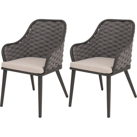 [NEUWERTIG] 2er-Set Aluminium-Gartenstuhl HHG-761, Outdoor Stuhl Armlehne, Olefin Seilgeflecht Rope anthrazit Kissen taupe