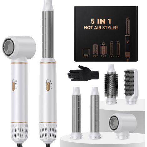 Hair Styler Airbrush 5 en 1, Brosse Soufflante Brushing, Air Styler 1000W, Sèche Cheveux Multifonction avec Réglage Température, Thermal Brush, Boucleur a Air pour Sécher, Lisser, Boucler (1/5)