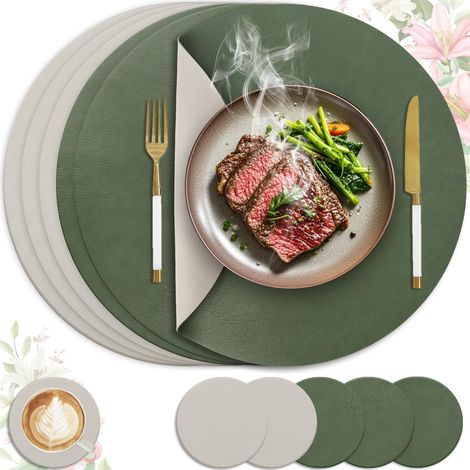 Set de table lavable antidérapant, lot de 6 en cuir PU double face, 36x36cm (vert + gris clair). (1/5)