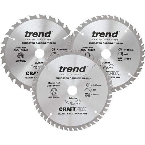 CraftPro Cordless Saw Blade 165 x 20mm x 24T/40T/52T (Pack 3)
