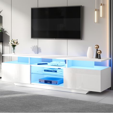 TV Schrank 160x40x45 cm, mit LED Lichtleiste per App steuerbar, 2 Schränke, Hartglas, MDF, Weiß (1/5)