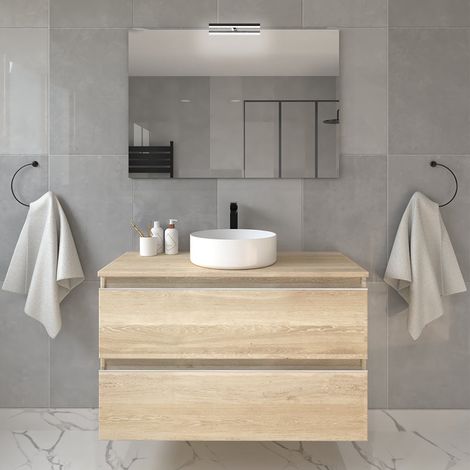Meuble de salle de bain 2 tiroirs avec vasque à poser ronde et miroir avec applique - bambou (chêne clair) - BALEA - 70cm (1/5)