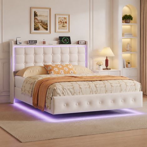 Lit capitonné 160×200 cm,lumière LED,port USB,cadre de lit 160×200,effet flottant,lit double,espace de rangement dans la tête de lit,style moderne,sommier à lattes,lit adulte,Velours,Beige (1/5)