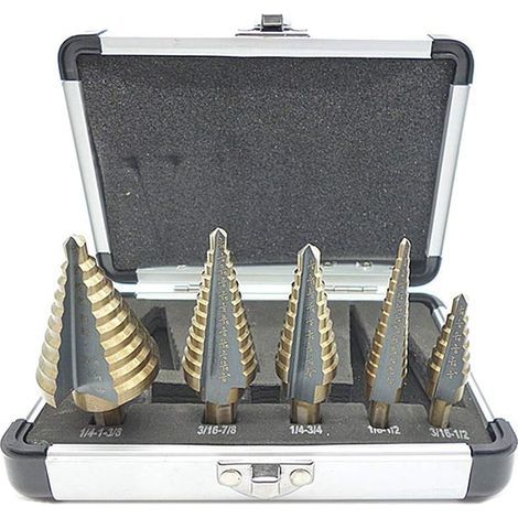 Foret étagé (pièces), avec coffret professionnel en aluminium, queue hexagonale, avec patin auto-centreur, pour un perçage précis de l'acier et du métal. (1/5)