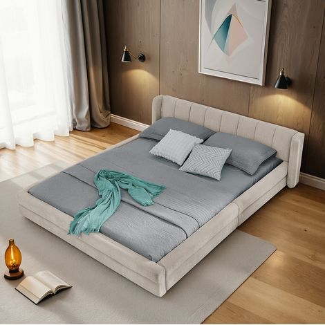 Bett Chenille Beige 140x200 cm, gepolstertes Bettgestell mit ergonomischem Kopfteil (1/5)