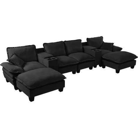 Divano modulare a U in ciniglia nera con contenitore, portabicchieri, USB, 2 pouf e 2 cuscini (1/5)