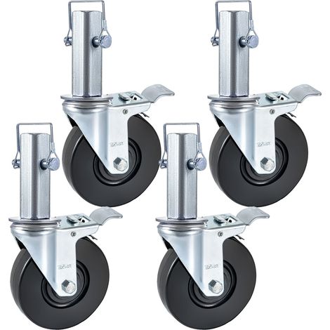 Lot 4 Roues Pivotantes en Caoutchouc pour Échafaudage, 12,7 cm, Double Verrouillage, Tige Carrée 3,2 cm, Capacité 199,6 kg (1/5)