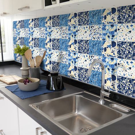 Sticker Mural Carrelage adhésif Cuisine Salle de Bain - 30 STICKERS CARREAUX DE CIMENT TERRAZZO YUMI - 30stickers10x10cm (1/5)