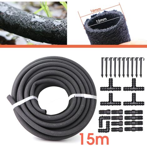 Kit de tuyau d'irrigation goutte à goutte en caoutchouc (15 m / 49,2 pi) avec micro-tuyau perméable anti-vieillissement, pour l'arrosage des massifs de fleurs et des arbres. (1/5)