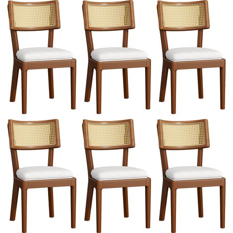 Lot de 6 chaises de salle à manger en bois massif avec dossier en rotin et coussin en lin, design moderne, couleur noyer (1/5)