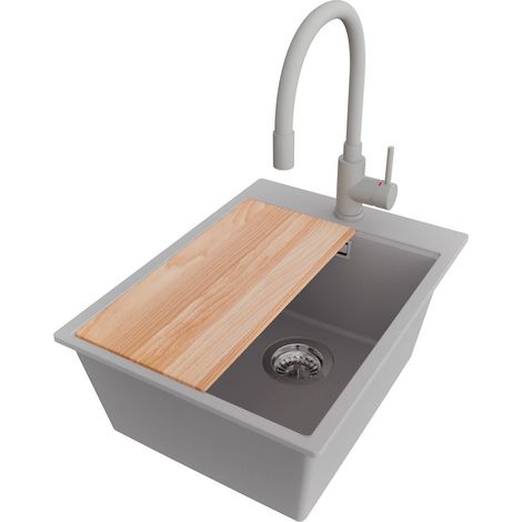PRIMAGRAN Evier Cuisine en Granit 38x50cm,Lavabo 1 bac + Robinet 38x14cm + Kit de Vidage + Planche à Découper, Évier à Encastrer au meuble 40cm - Oslo, Gris (1/5)