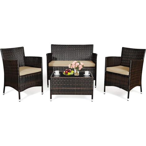 COSTWAY Salon de Jardin 4 Pièces en Rotin PE Charge 160-320KG, Ensemble de Meubles d'Extérieur avec Coussins et Table Basse en Verre Trempé pour Patio Balcon Terrasse, Marron+Jaunâtre (1/5)